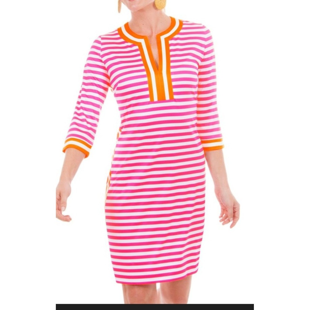 Gretchen Scott Pink Orange Striped Tunic Dress Womens Small 3/4 Sleeve Preppy